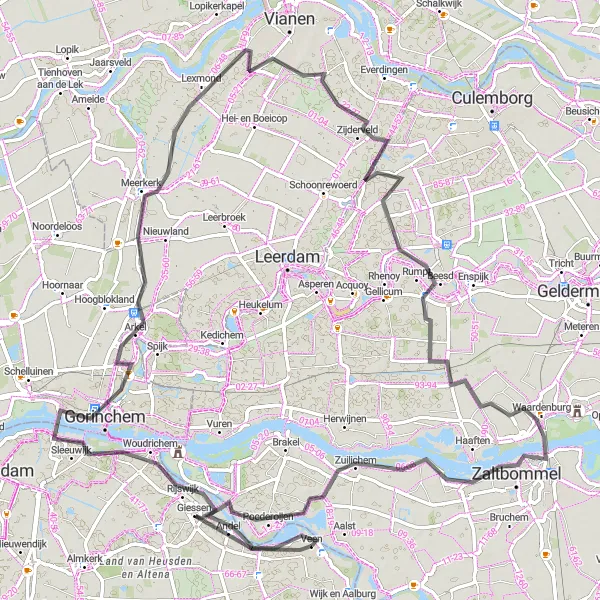 Miniatuurkaart van de fietsinspiratie "Fietsen door de Betuwe en de Biesbosch" in Noord-Brabant, Netherlands. Gemaakt door de Tarmacs.app fietsrouteplanner