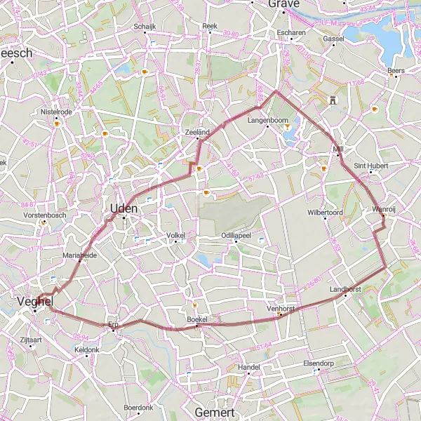 Map miniature of "Veghel - Mariaheide - Mill - Boekel - Erp" cycling inspiration in Noord-Brabant, Netherlands. Generated by Tarmacs.app cycling route planner