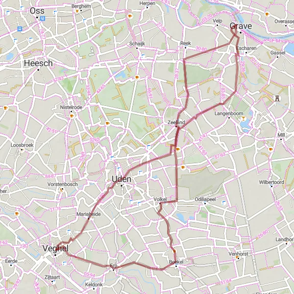Map miniature of "Veghel - Rijkerbeek - Volkel - Grave - Zeeland - Mariaheide" cycling inspiration in Noord-Brabant, Netherlands. Generated by Tarmacs.app cycling route planner