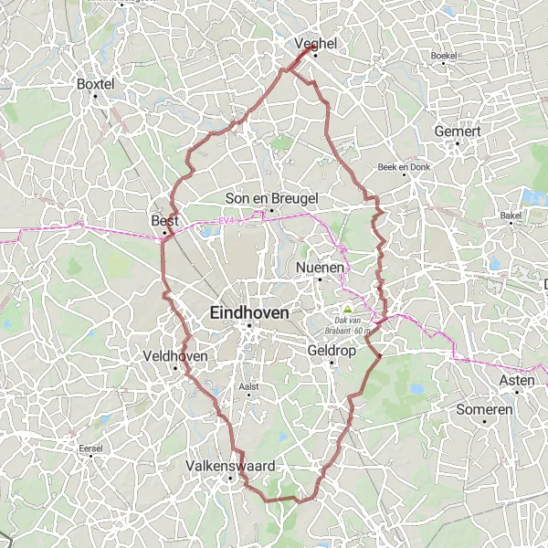 Miniatuurkaart van de fietsinspiratie "Gravelpad door Noord-Brabant" in Noord-Brabant, Netherlands. Gemaakt door de Tarmacs.app fietsrouteplanner