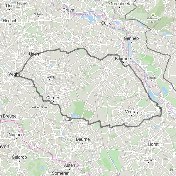 Miniatuurkaart van de fietsinspiratie "Historische weg door Noord-Brabant" in Noord-Brabant, Netherlands. Gemaakt door de Tarmacs.app fietsrouteplanner