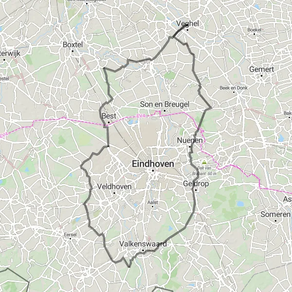 Map miniature of "Veghel - Zondveld - Gerwen - Riethoven - Wintelre - Sint-Oedenrode - Doornhoek" cycling inspiration in Noord-Brabant, Netherlands. Generated by Tarmacs.app cycling route planner