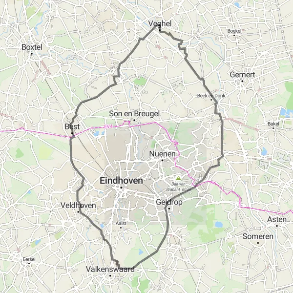 Map miniature of "Veghel - Keldonk - Schietberg - Kasteel Geldrop - Waalre - Willebrordushoek" cycling inspiration in Noord-Brabant, Netherlands. Generated by Tarmacs.app cycling route planner