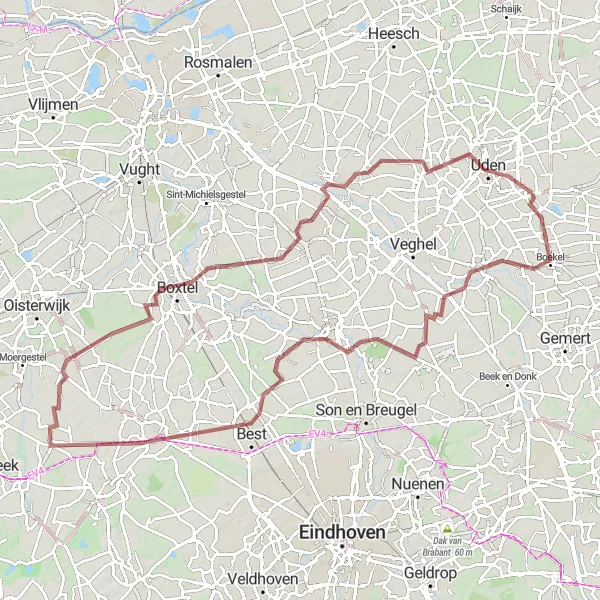 Miniatuurkaart van de fietsinspiratie "Avontuurlijke gravelroute rond Volkel" in Noord-Brabant, Netherlands. Gemaakt door de Tarmacs.app fietsrouteplanner