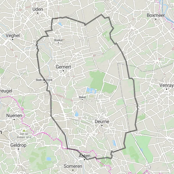 Miniatuurkaart van de fietsinspiratie "Wegroute door Noord-Brabant" in Noord-Brabant, Netherlands. Gemaakt door de Tarmacs.app fietsrouteplanner