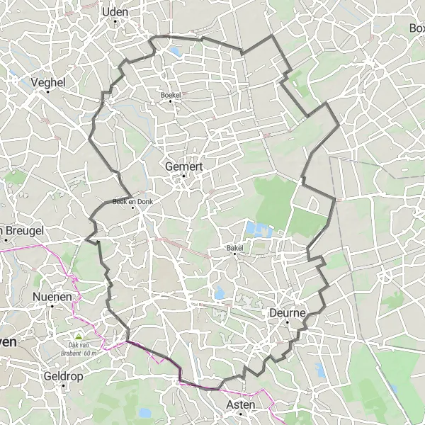 Miniatuurkaart van de fietsinspiratie "Uitdagende fietstocht nabij Volkel" in Noord-Brabant, Netherlands. Gemaakt door de Tarmacs.app fietsrouteplanner