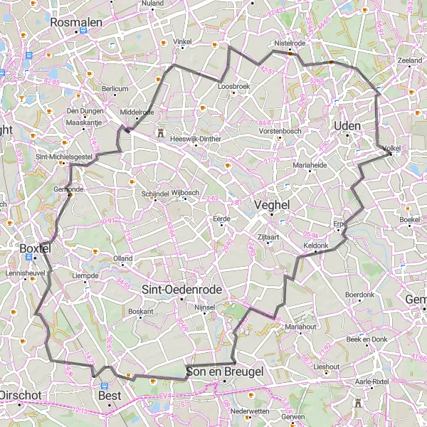 Map miniature of "Montferland Meander" cycling inspiration in Noord-Brabant, Netherlands. Generated by Tarmacs.app cycling route planner
