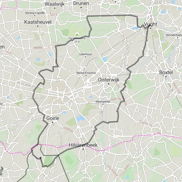 Miniatuurkaart van de fietsinspiratie "Hilvarenbeek naar Uitkijkpunt Giersbergen via Poppel en Kraaiven" in Noord-Brabant, Netherlands. Gemaakt door de Tarmacs.app fietsrouteplanner