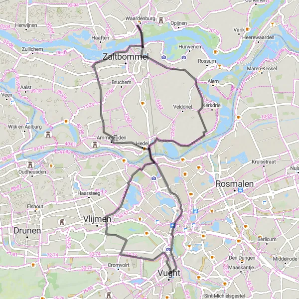 Miniatuurkaart van de fietsinspiratie "Van Vlijmen naar Hoenzadriel via Hedel en Gameren" in Noord-Brabant, Netherlands. Gemaakt door de Tarmacs.app fietsrouteplanner