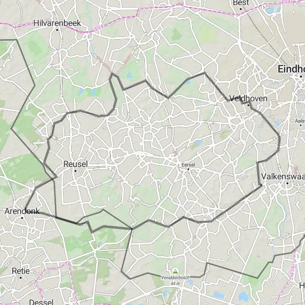 Miniatuurkaart van de fietsinspiratie "Uitdagende Roadtrip door Brabantse Dorpen" in Noord-Brabant, Netherlands. Gemaakt door de Tarmacs.app fietsrouteplanner