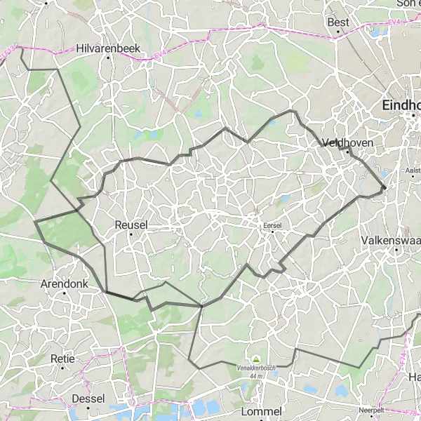 Miniatuurkaart van de fietsinspiratie "Avontuurlijke Roadtrip door Brabantse Natuur" in Noord-Brabant, Netherlands. Gemaakt door de Tarmacs.app fietsrouteplanner