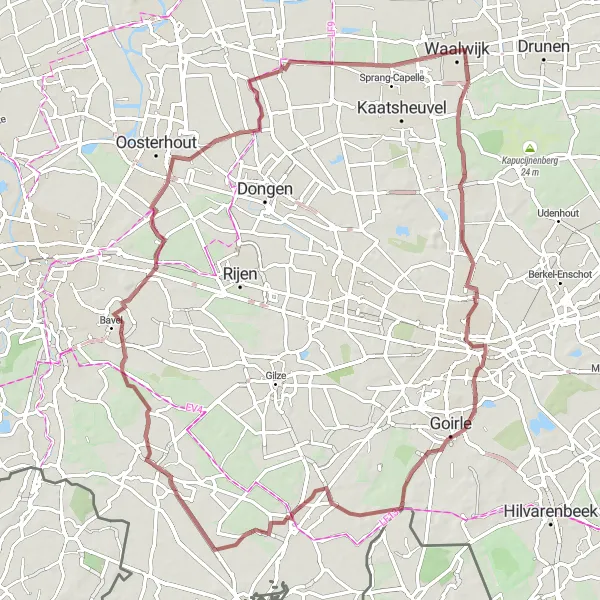 Map miniature of "Gravel Adventure from Waalwijk to Loon op Zand" cycling inspiration in Noord-Brabant, Netherlands. Generated by Tarmacs.app cycling route planner