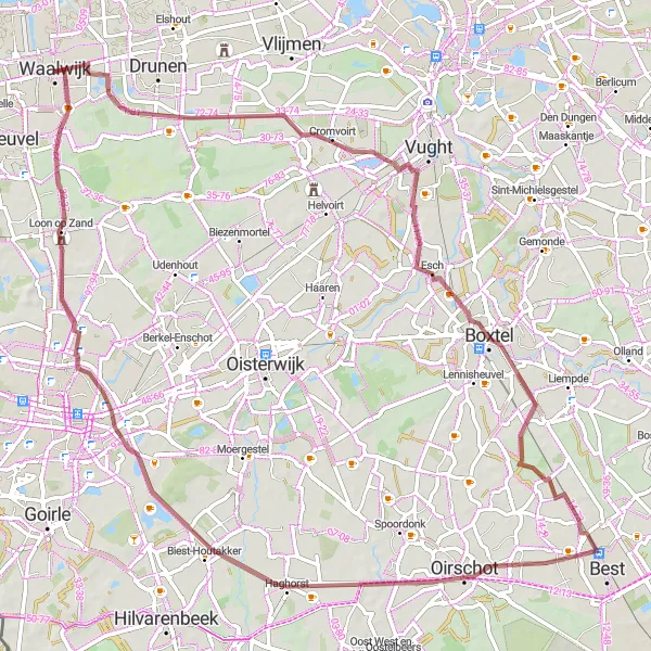 Map miniature of "Gravel Adventure from Waalwijk to Esch" cycling inspiration in Noord-Brabant, Netherlands. Generated by Tarmacs.app cycling route planner