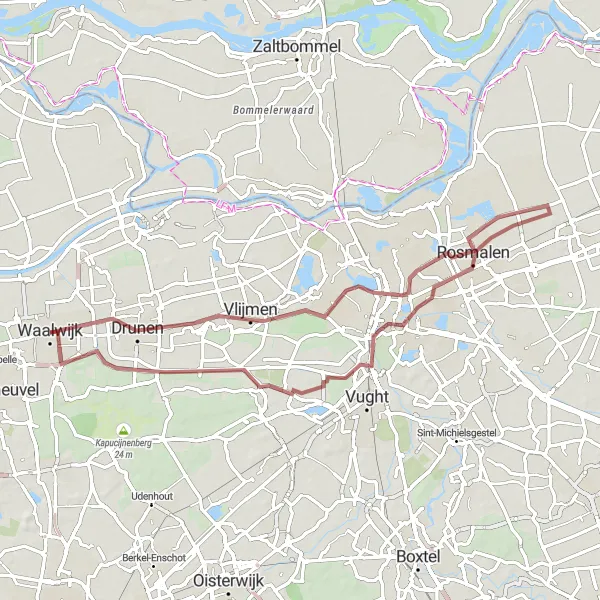 Map miniature of "Waalwijk Gravel Loop" cycling inspiration in Noord-Brabant, Netherlands. Generated by Tarmacs.app cycling route planner