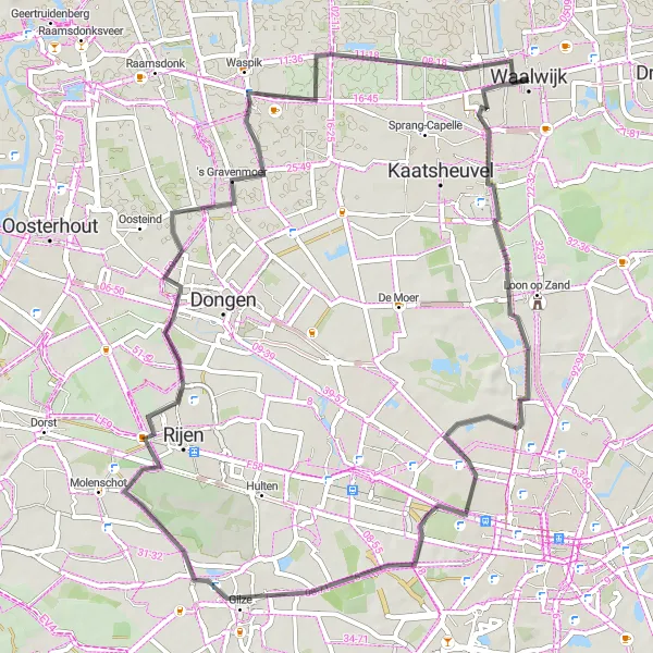 Map miniature of "Road Adventure around Waalwijk" cycling inspiration in Noord-Brabant, Netherlands. Generated by Tarmacs.app cycling route planner