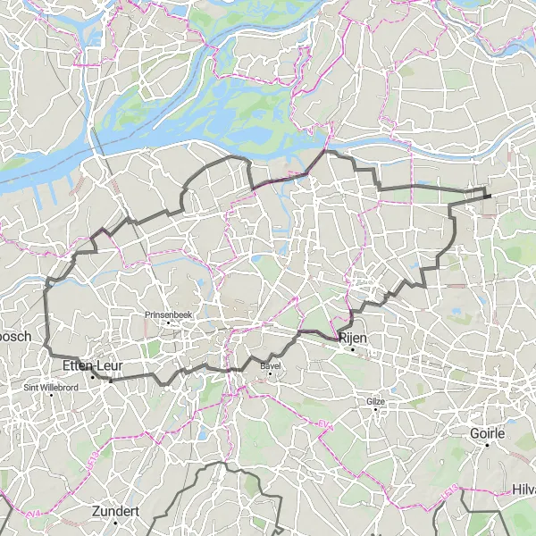 Map miniature of "Waalwijk to Waspik - Exploring the Dutch Countryside" cycling inspiration in Noord-Brabant, Netherlands. Generated by Tarmacs.app cycling route planner
