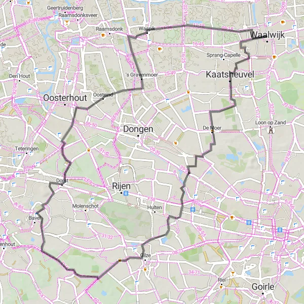 Map miniature of "Scenic Loop around Waalwijk" cycling inspiration in Noord-Brabant, Netherlands. Generated by Tarmacs.app cycling route planner