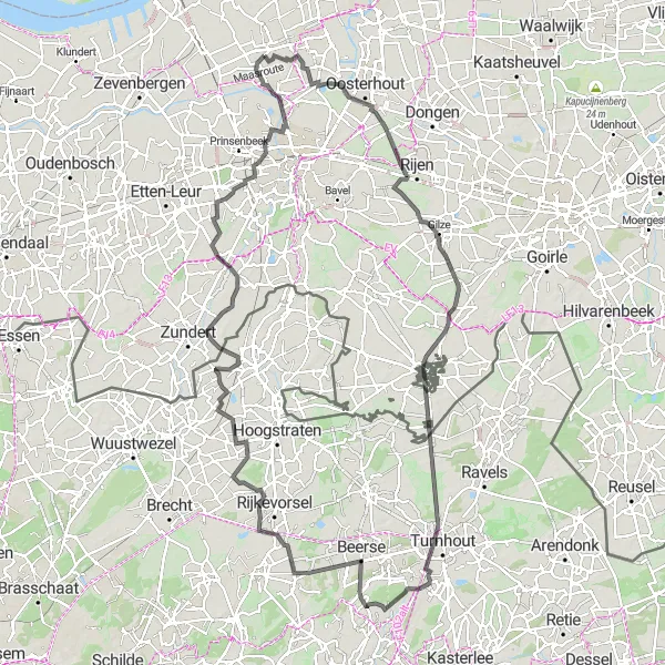 Miniatuurkaart van de fietsinspiratie "Rondje Wagenberg - Alphen - Weelde Statie - Turnhout - Vlimmeren - Kasteel ter Meiren - Lies - Bliksemschicht - Terheijden" in Noord-Brabant, Netherlands. Gemaakt door de Tarmacs.app fietsrouteplanner