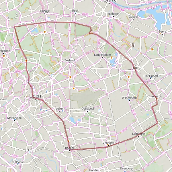 Miniatuurkaart van de fietsinspiratie "Gravelroute Boekel naar Mill" in Noord-Brabant, Netherlands. Gemaakt door de Tarmacs.app fietsrouteplanner