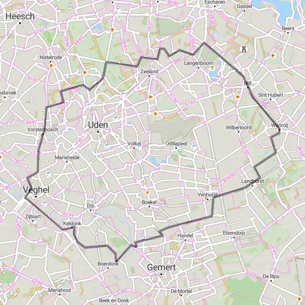Miniatuurkaart van de fietsinspiratie "De Peelrandroute" in Noord-Brabant, Netherlands. Gemaakt door de Tarmacs.app fietsrouteplanner