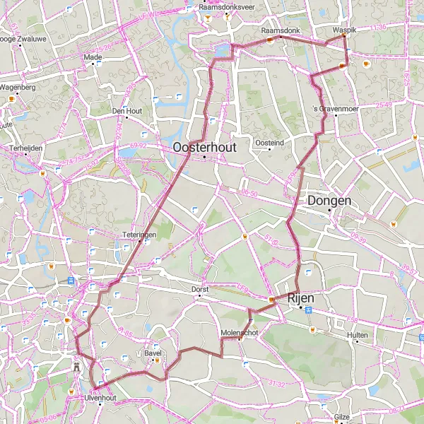 Miniatuurkaart van de fietsinspiratie "Gravelroute vanuit Waspik naar Raamsdonk" in Noord-Brabant, Netherlands. Gemaakt door de Tarmacs.app fietsrouteplanner