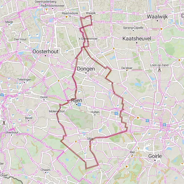 Miniatuurkaart van de fietsinspiratie "Gravelroute vanuit Waspik naar 's Gravenmoer" in Noord-Brabant, Netherlands. Gemaakt door de Tarmacs.app fietsrouteplanner