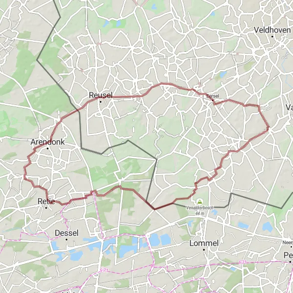 Miniatuurkaart van de fietsinspiratie "Ontdek de grensstreek per gravelbike" in Noord-Brabant, Netherlands. Gemaakt door de Tarmacs.app fietsrouteplanner