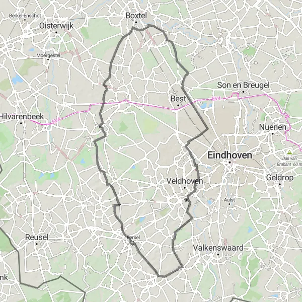 Map miniature of "Exploring Historical Landmarks" cycling inspiration in Noord-Brabant, Netherlands. Generated by Tarmacs.app cycling route planner