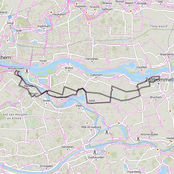 Miniatuurkaart van de fietsinspiratie "Rondje Woudrichem - Aalst - Gameren - Giessen" in Noord-Brabant, Netherlands. Gemaakt door de Tarmacs.app fietsrouteplanner