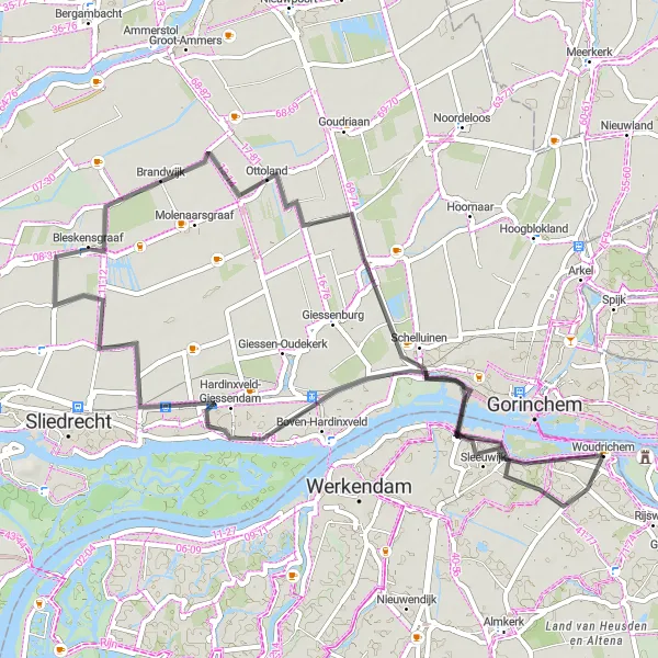 Miniatuurkaart van de fietsinspiratie "Boven-Hardinxveld - Brandwijk - Kasteel Schelluinen - Oudendijk" in Noord-Brabant, Netherlands. Gemaakt door de Tarmacs.app fietsrouteplanner