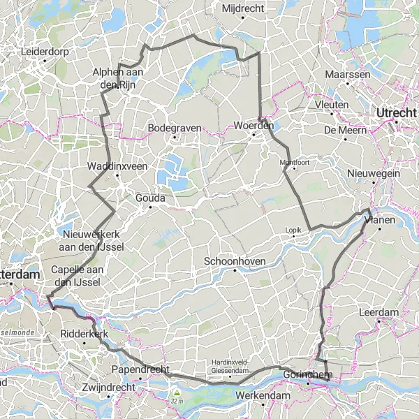 Map miniature of "The Gorinchem and Alphen aan den Rijn Loop" cycling inspiration in Noord-Brabant, Netherlands. Generated by Tarmacs.app cycling route planner