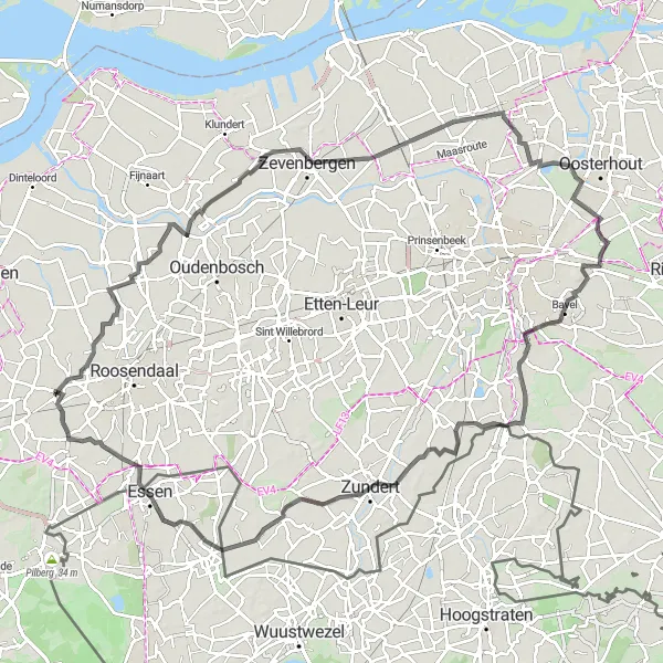 Miniatuurkaart van de fietsinspiratie "Wegenroute langs historische plaatsen in West-Brabant" in Noord-Brabant, Netherlands. Gemaakt door de Tarmacs.app fietsrouteplanner