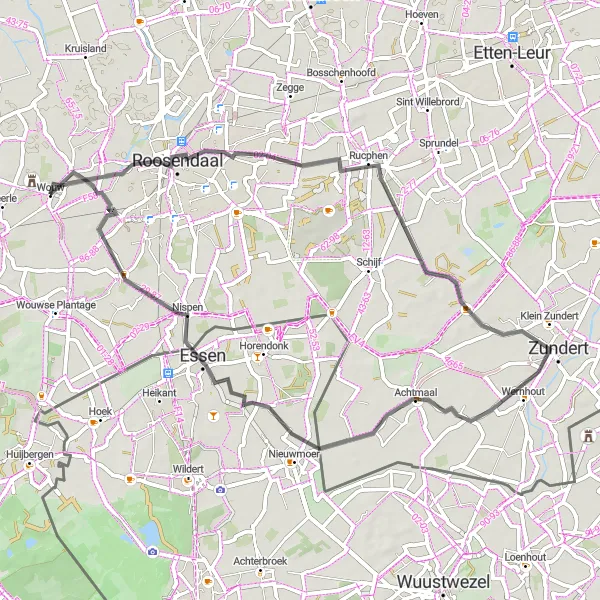 Map miniature of "The Rucphen Loop: Road Cycling Route near Wouw" cycling inspiration in Noord-Brabant, Netherlands. Generated by Tarmacs.app cycling route planner