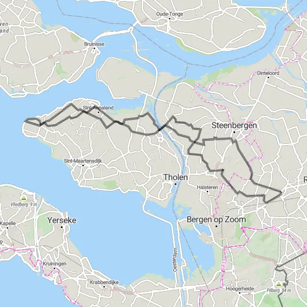 Map miniature of "The Tholen Loop" cycling inspiration in Noord-Brabant, Netherlands. Generated by Tarmacs.app cycling route planner