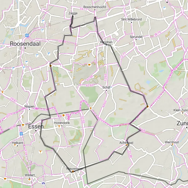 Map miniature of "Bosschenhoofd to Visdonk Loop" cycling inspiration in Noord-Brabant, Netherlands. Generated by Tarmacs.app cycling route planner