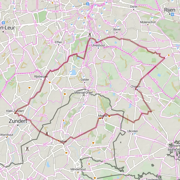 Map miniature of "Rijsbergen and Ulvenhout Gravel Adventure" cycling inspiration in Noord-Brabant, Netherlands. Generated by Tarmacs.app cycling route planner