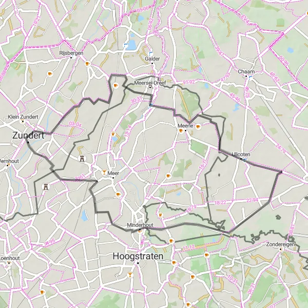 Map miniature of "Hazeldonk and Meerle Joyride" cycling inspiration in Noord-Brabant, Netherlands. Generated by Tarmacs.app cycling route planner