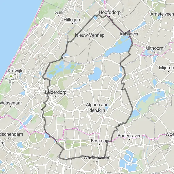 Miniatuurkaart van de fietsinspiratie "Aalsmeer - Warmond Road Cycling Route" in Noord-Holland, Netherlands. Gemaakt door de Tarmacs.app fietsrouteplanner
