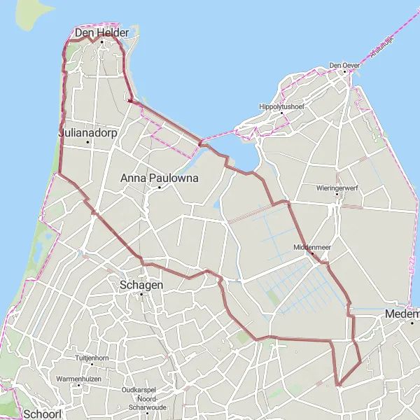 Map miniature of "'t Zand, Huisduinen, and the Beauty of Noord-Holland's Gravel Trails" cycling inspiration in Noord-Holland, Netherlands. Generated by Tarmacs.app cycling route planner