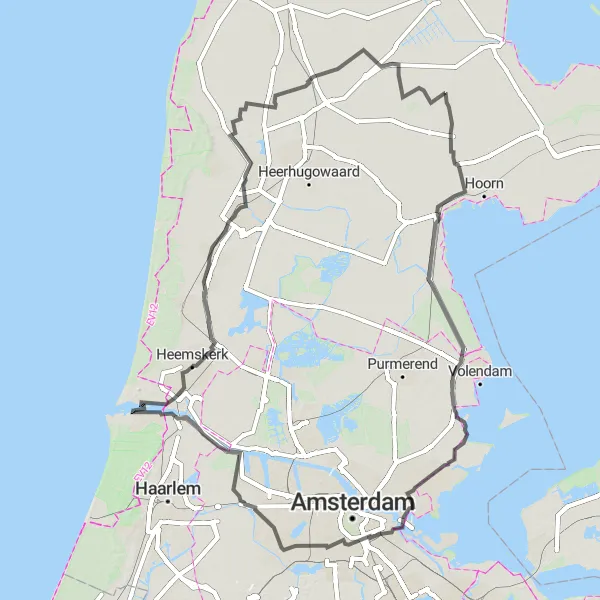 Map miniature of "The Scenic Countryside and Hidden Gems of Noord-Holland" cycling inspiration in Noord-Holland, Netherlands. Generated by Tarmacs.app cycling route planner