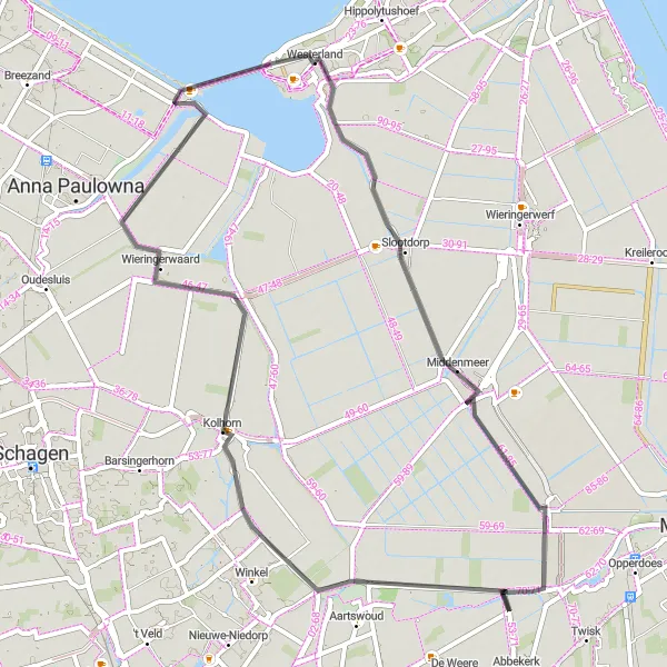 Map miniature of "Coastal Escape" cycling inspiration in Noord-Holland, Netherlands. Generated by Tarmacs.app cycling route planner