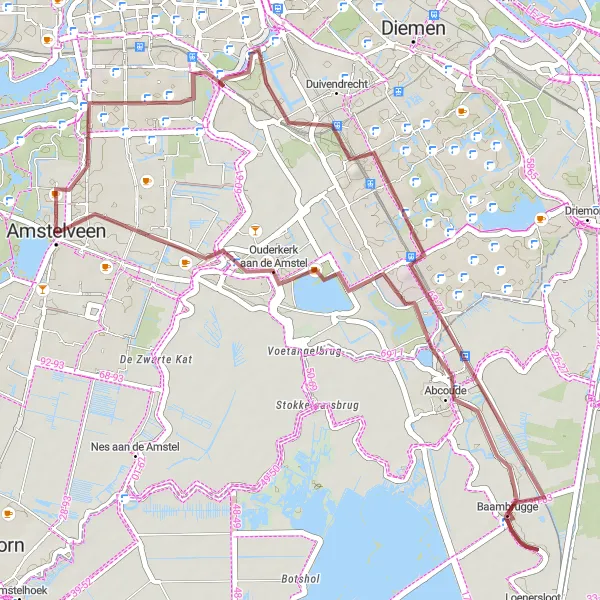 Map miniature of "Amstelveen - Ouderkerk aan de Amstel - Ouderkerkerplas - Vogelkijkhut - Baambrugge - Vlinderheuvel - Amstelveen" cycling inspiration in Noord-Holland, Netherlands. Generated by Tarmacs.app cycling route planner