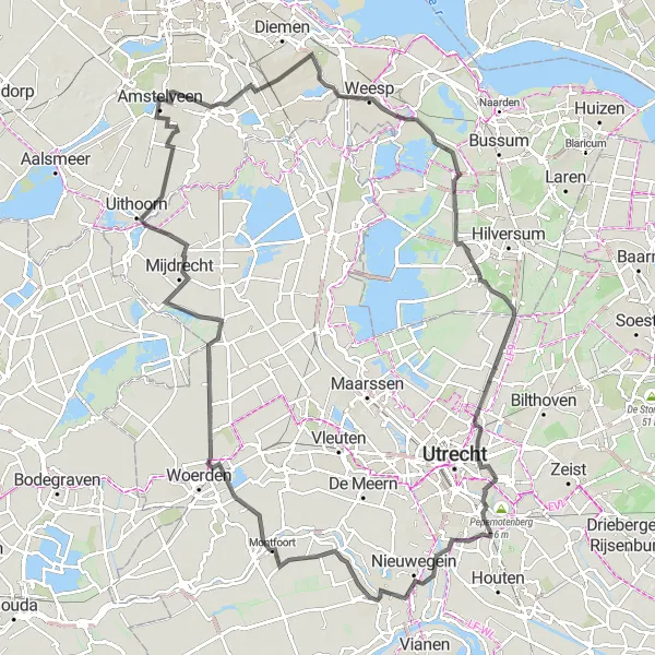 Map miniature of "Amstelveen - Zuidoost - Wicaksono Moskee - 's-Graveland - Hollandsche Rading - Huis Oudegein - Cattenbroek - Aan de Zuwe - Amstelveen" cycling inspiration in Noord-Holland, Netherlands. Generated by Tarmacs.app cycling route planner