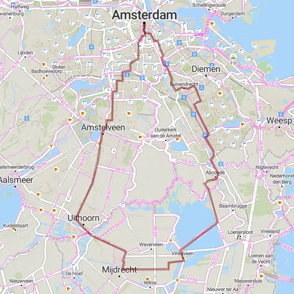 Map miniature of "The Gravel Adventure of Amsterdam's Surroundings" cycling inspiration in Noord-Holland, Netherlands. Generated by Tarmacs.app cycling route planner