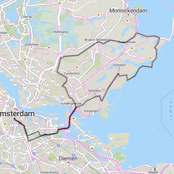 Miniatuurkaart van de fietsinspiratie "Rondje Amsterdamse Waterland" in Noord-Holland, Netherlands. Gemaakt door de Tarmacs.app fietsrouteplanner