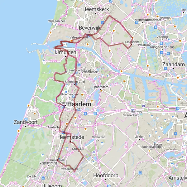 Map miniature of "Gravel Route Looping around Assendelft" cycling inspiration in Noord-Holland, Netherlands. Generated by Tarmacs.app cycling route planner