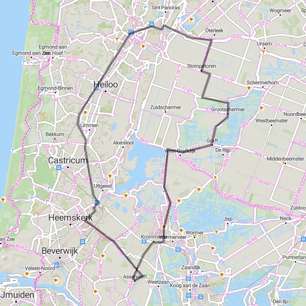 Map miniature of "Scenic Road Discovery" cycling inspiration in Noord-Holland, Netherlands. Generated by Tarmacs.app cycling route planner