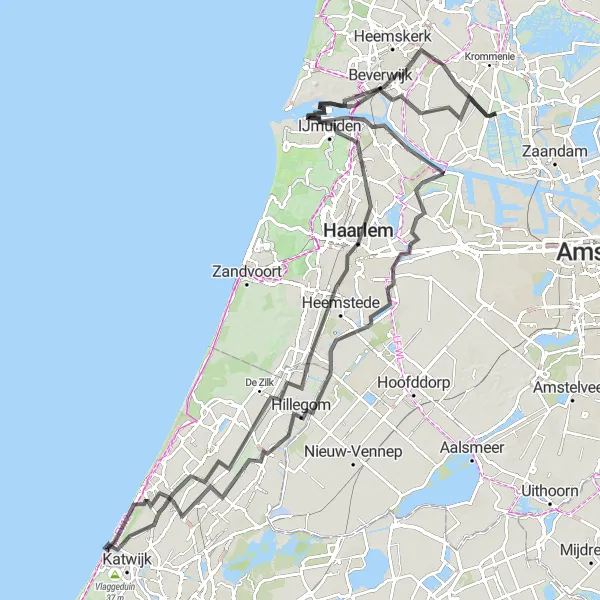 Map miniature of "Coastal Cycling Escape" cycling inspiration in Noord-Holland, Netherlands. Generated by Tarmacs.app cycling route planner