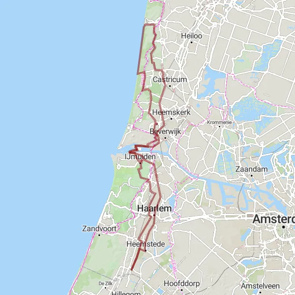 Miniatuurkaart van de fietsinspiratie "Gravelroute van Bennebroek naar Egmond aan Zee" in Noord-Holland, Netherlands. Gemaakt door de Tarmacs.app fietsrouteplanner