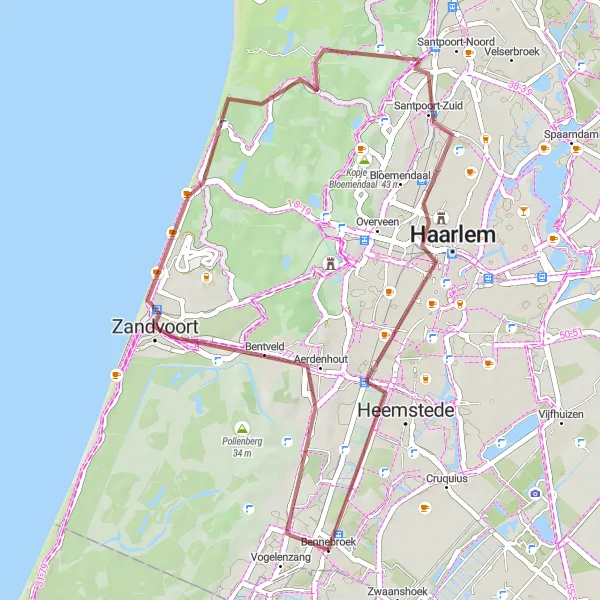 Map miniature of "Bennebroek to Santpoort-Zuid and back" cycling inspiration in Noord-Holland, Netherlands. Generated by Tarmacs.app cycling route planner